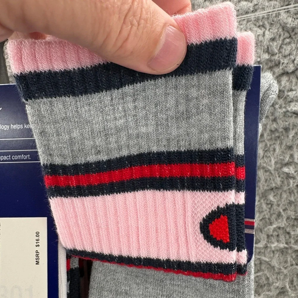 Champion Crew Socks Women Size 5-9 Striped Double Dry 2 Pairs Pink Navy Gray Red
